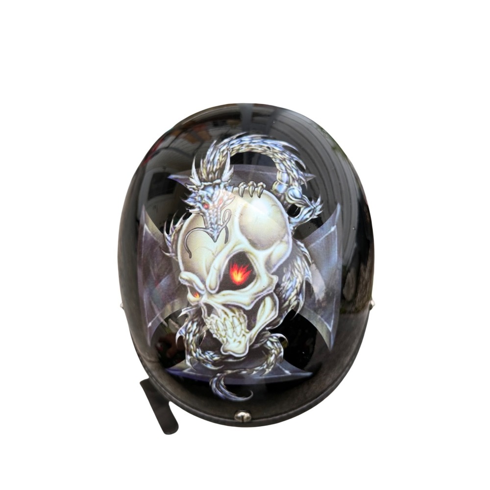 HCI Half Face Motorcycle Helmet Large Black Skull Dragon Graphic DOT Fiberglass